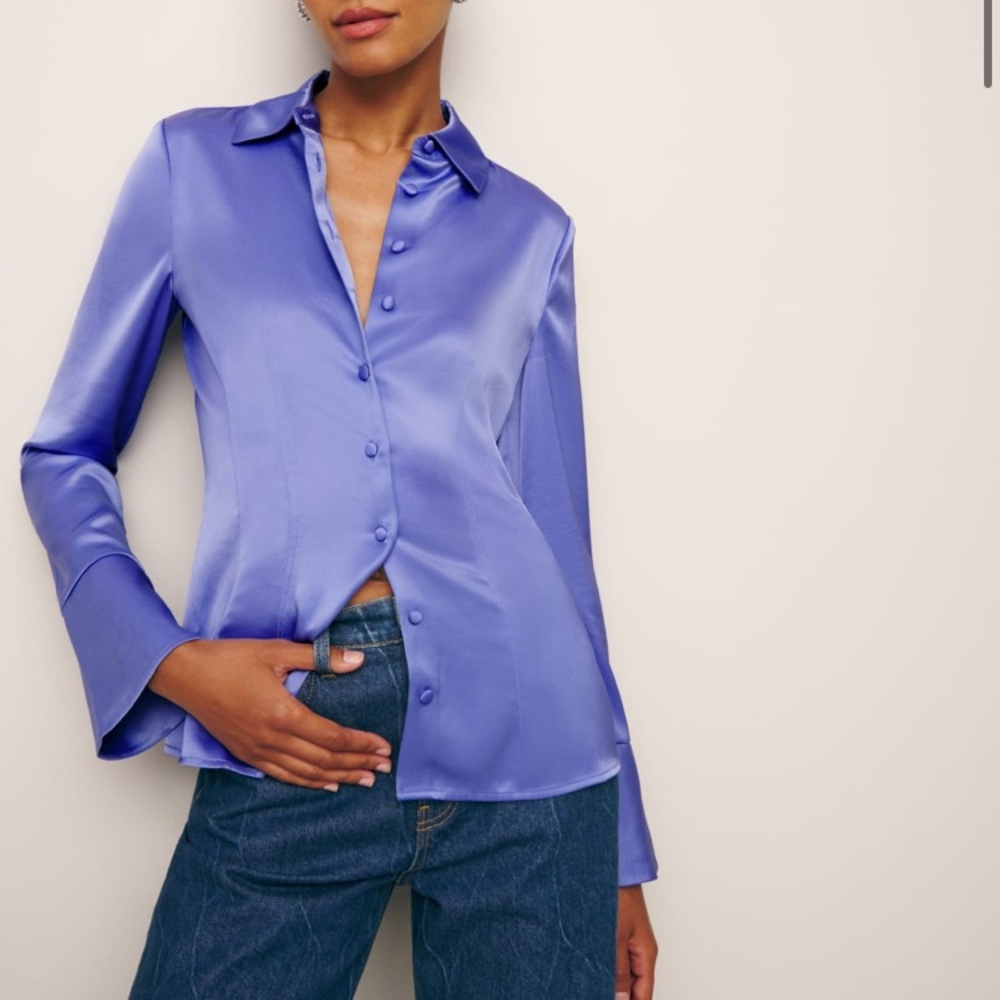 Satin Button-Up Blouse in Blue